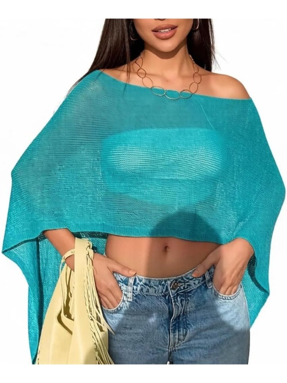 Women's Sheer Blue Lightweight Knit Crochet Shrug Bolero Mesh Batwing Cover Up